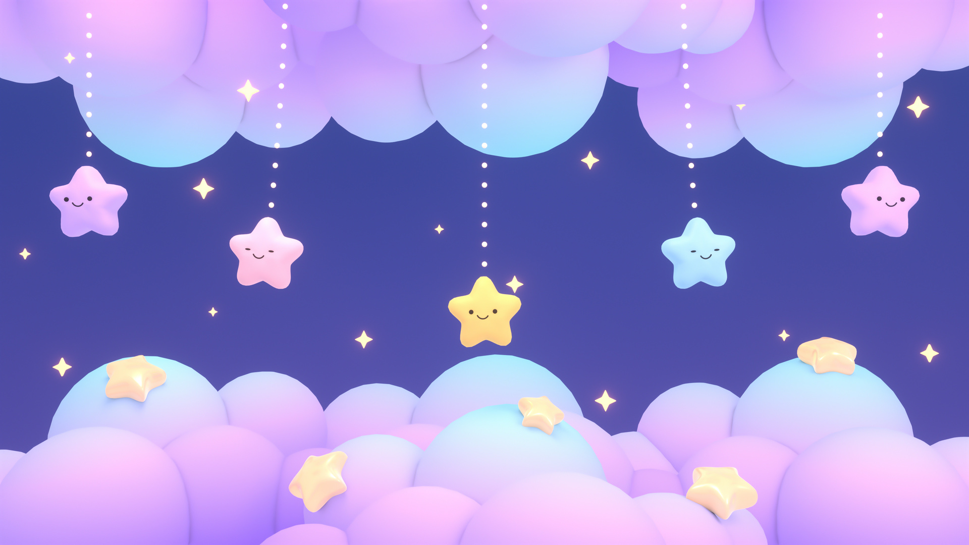 cute hanging stars and purple clouds