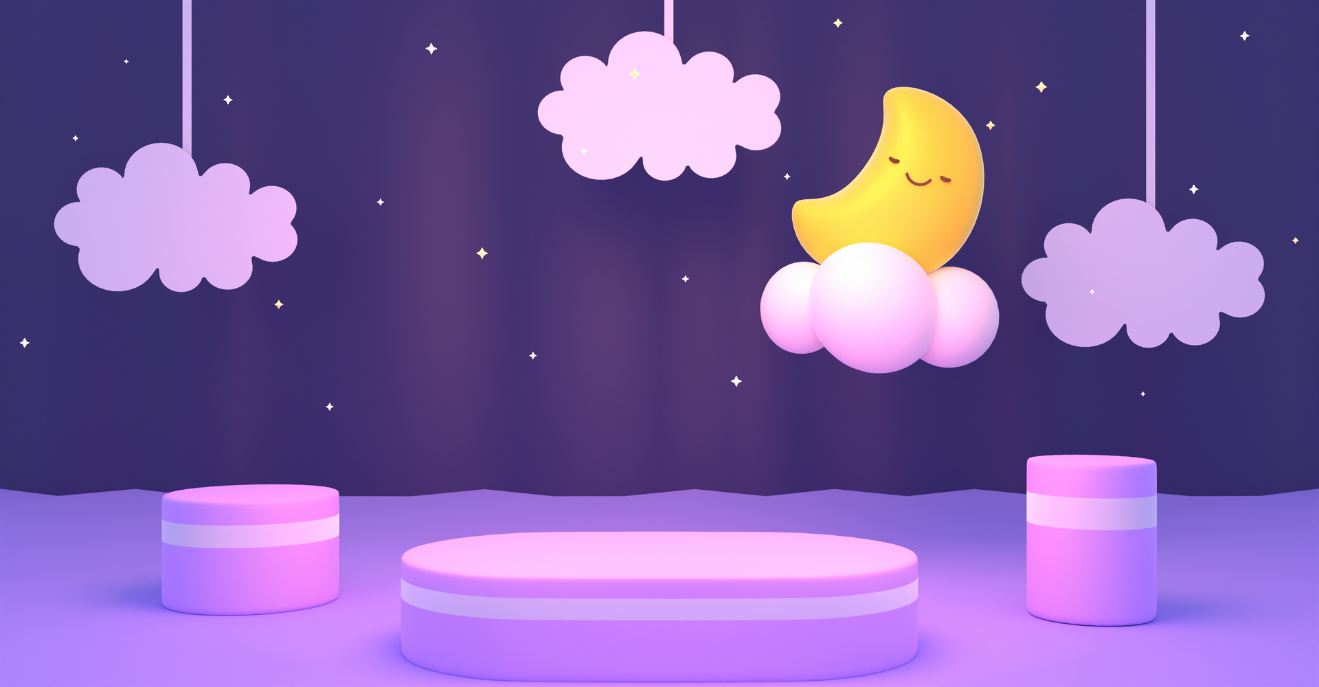 podium with sleeping moon and hanging paper clouds