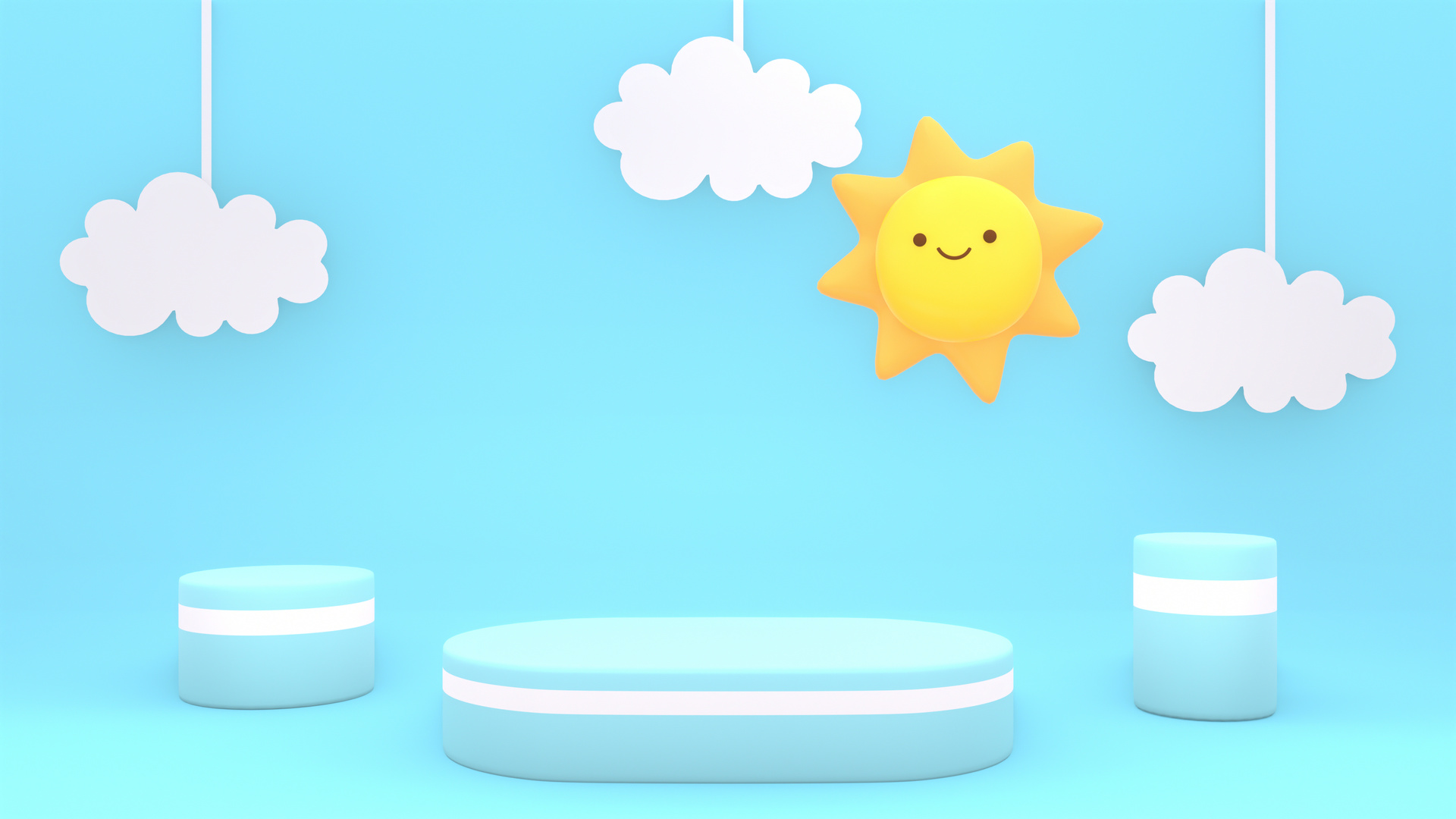 product display podiums with cute sun and hanging clouds