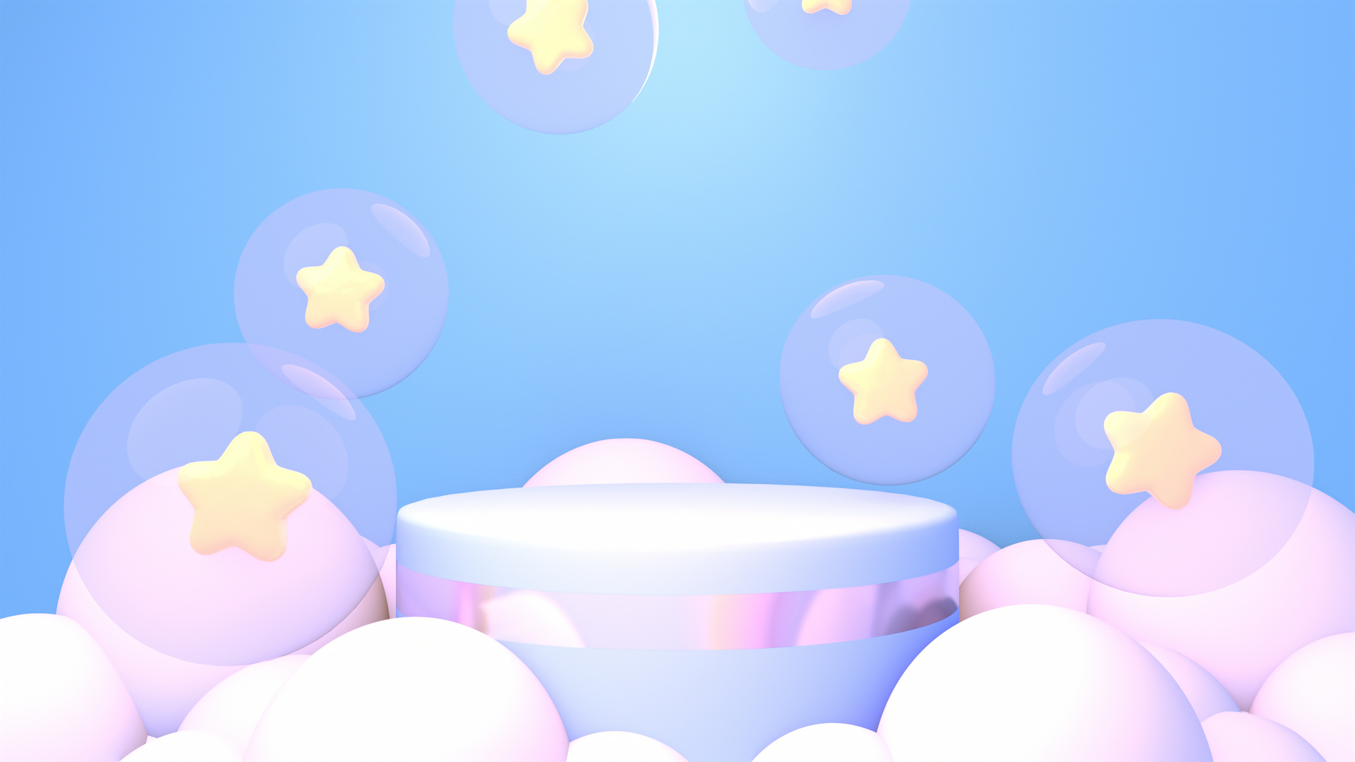 blue podium with bubble stars and white clouds